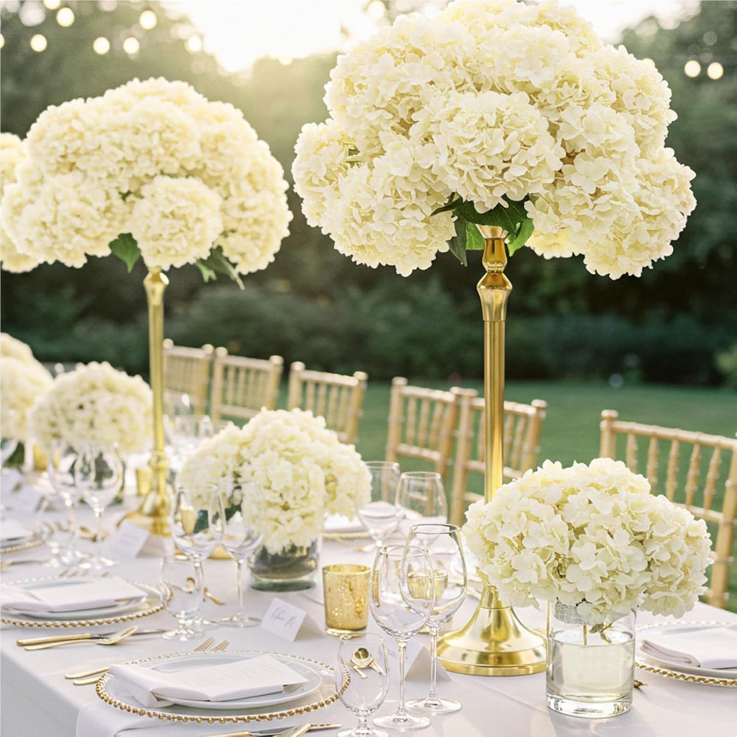 Auihiay 10PCS Hydrangea Artificial Flowers, Faux Champagne Flowers for Wedding Centerpieces, DIY Bouquets, Bridal Shower, Floral Decor Home Decoration with Stems (VASE NOT Included)
